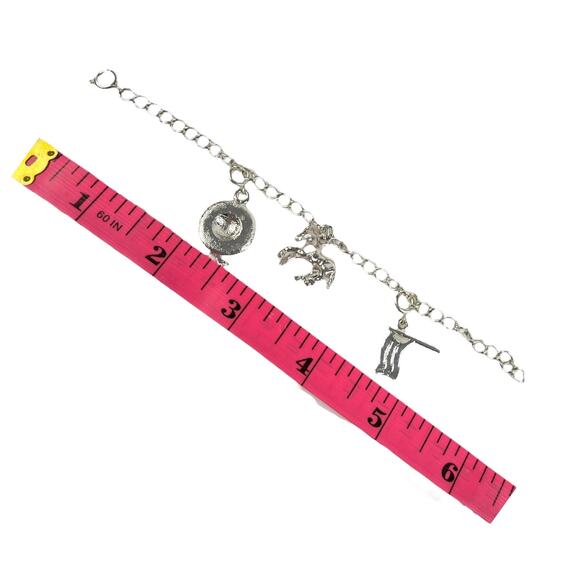 Vintage Silver Plate CHARM BRACELET 6" Horse American Flag Derby Hat Charms - Picture 2 of 4